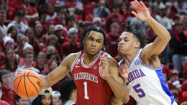 Arkansas Razorbacks Ricky Council IV against the Florida Gators on Saturday at Bud Walton Arena in Fayetteville, Ark.
